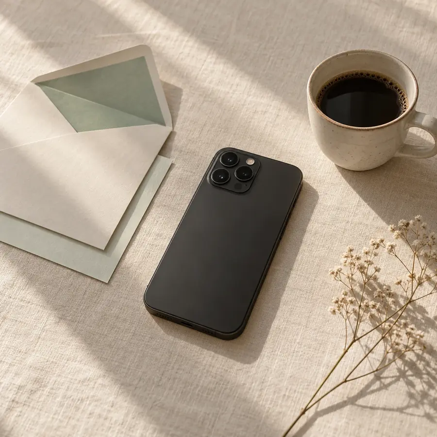 Celular, sobre abierto y taza de café sobre un mantel de lino