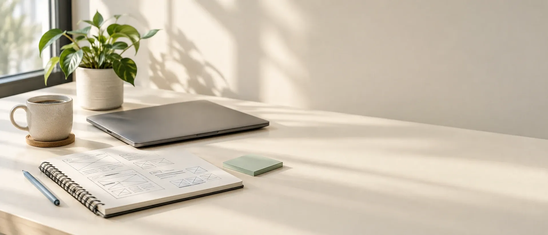 Escritorio de trabajo con bocetos de un sitio web, una laptop y una planta, a la luz de la mañana