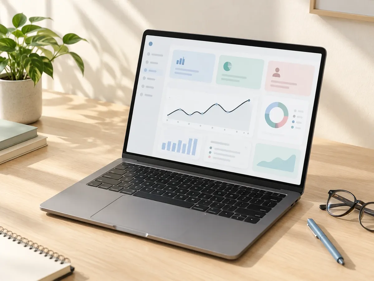 Laptop sobre un escritorio mostrando un tablero de reportes con gráficas y tarjetas de colores